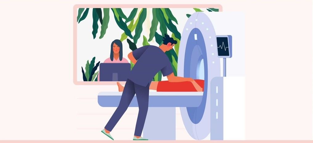 Illustration d’une séance de radiothérapie où une patiente tient la main d’un professionnel de santé.