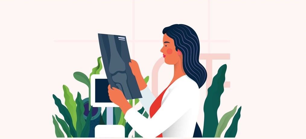 Illustration d’une professionnelle de santé examinant un résultat de radiologie d’un·e patient·e.