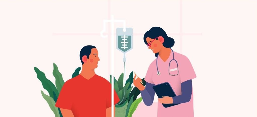 Illustration d'une infermière s'occupant de son patient. 